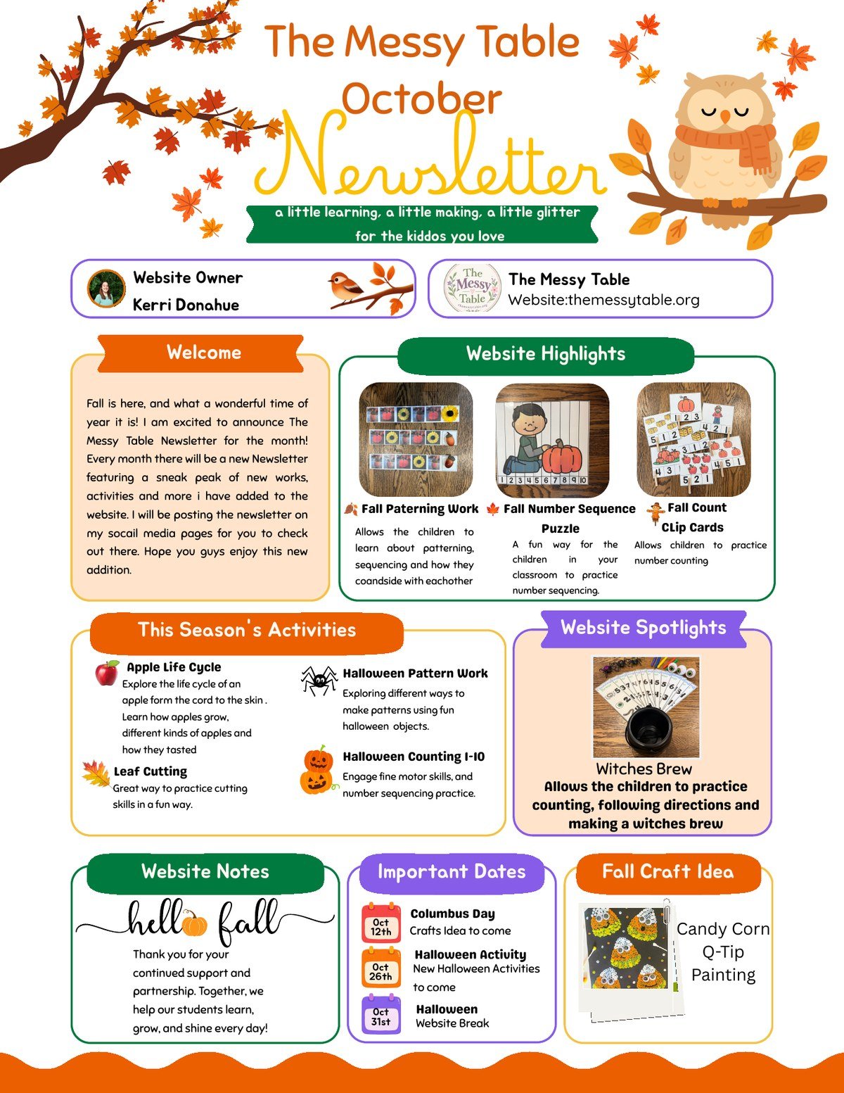 The Messy Table October 2026 newsletter by Kerri Donahue, with fall works, Halloween activities, important dates and a candy corn Q-tip painting craft